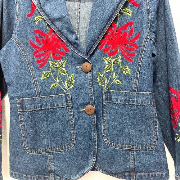 New Directions Blue Jean Jacket with Red Floral Embroidery small - Picture 3 of 7